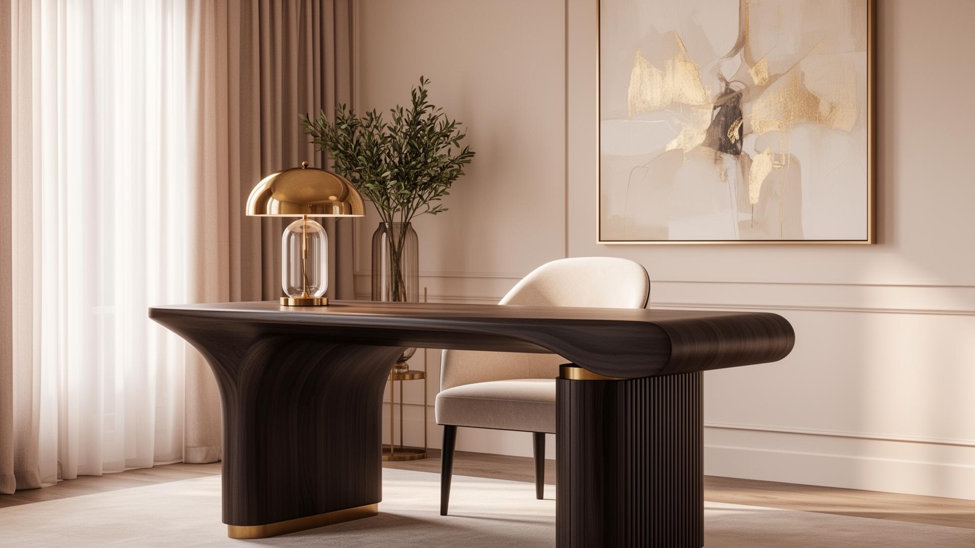 Elegant home office desk with brass lamp